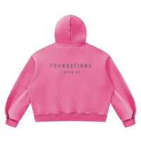 Foundations Layer 02 hoodie, pink fleece, back view, boxy unisex fit.