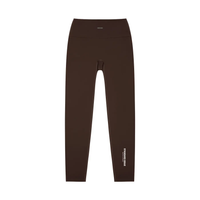 Leggings, brown high-waisted yoga style by ODMPOD; front view with white STANDARD ISSUE text on lower leg.