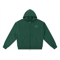 Front-view forest green fleece zip-through hoodie by Wolvyn Apparel, Foundations Script, with front kangaroo pocket.
