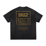 Tshirt black with large gold back print reading Wolvyn Apparel Area 480; XL size panel and care icons.