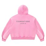 Hoodie pink Wolvyn Apparel Foundations Layer 02 fleece, boxy unisex fit, back view.