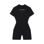 Wolvyn Apparel women's quarter-zip short-sleeve romper in black with back logo