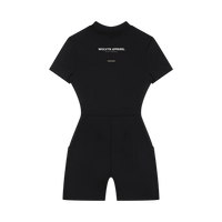 Wolvyn Apparel women's quarter-zip short-sleeve romper in black with back logo