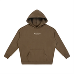 Wolvyn Apparel Foundations 002 oversize brown fleeced hoodie with hood, front pouch pocket, white chest logo
