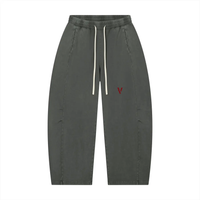 Unisex pants: Villain by Wolvyn Disruptor mineral-wash barrel-leg in gray with white drawstrings and red V logo.