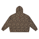ODMPOD Unisex leopard full-zip hoodie, back view, tan/black leopard print with small red logo on upper back