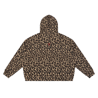 ODMPOD Unisex leopard full-zip hoodie, back view, tan/black leopard print with small red logo on upper back
