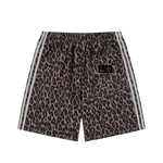 Shorts: Villain by Wolvyn Apparel leopard print heavyweight drawstring shorts with white side stripes