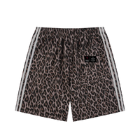 Shorts: Villain by Wolvyn Apparel leopard print heavyweight drawstring shorts with white side stripes