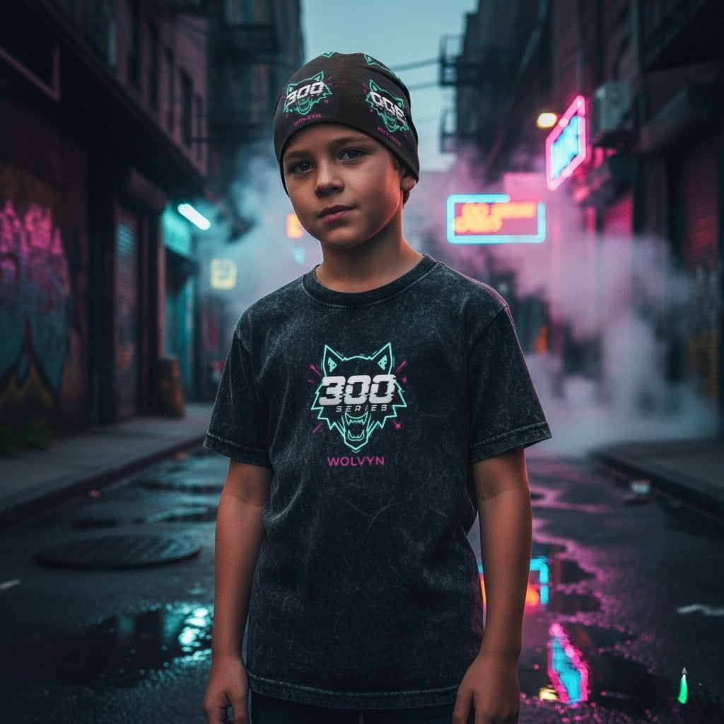 Young boy in dark streetwear shirt with wolf logo and beanie, urban night street scene