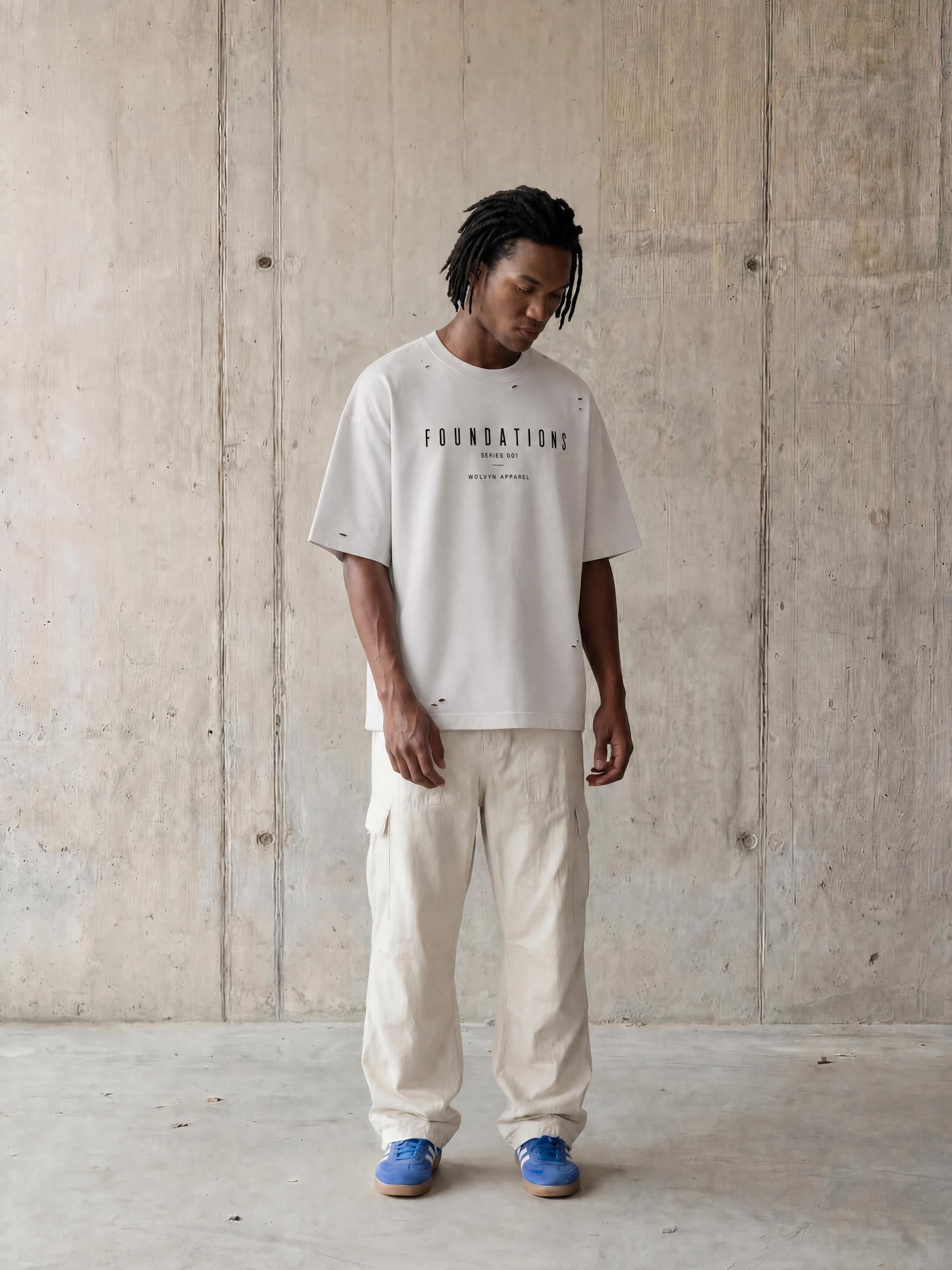 Wolvyn Apparel ‘Foundations Stone’ (Black Text) Vintage Washed Distressed Boxy Oversized T-Shirt