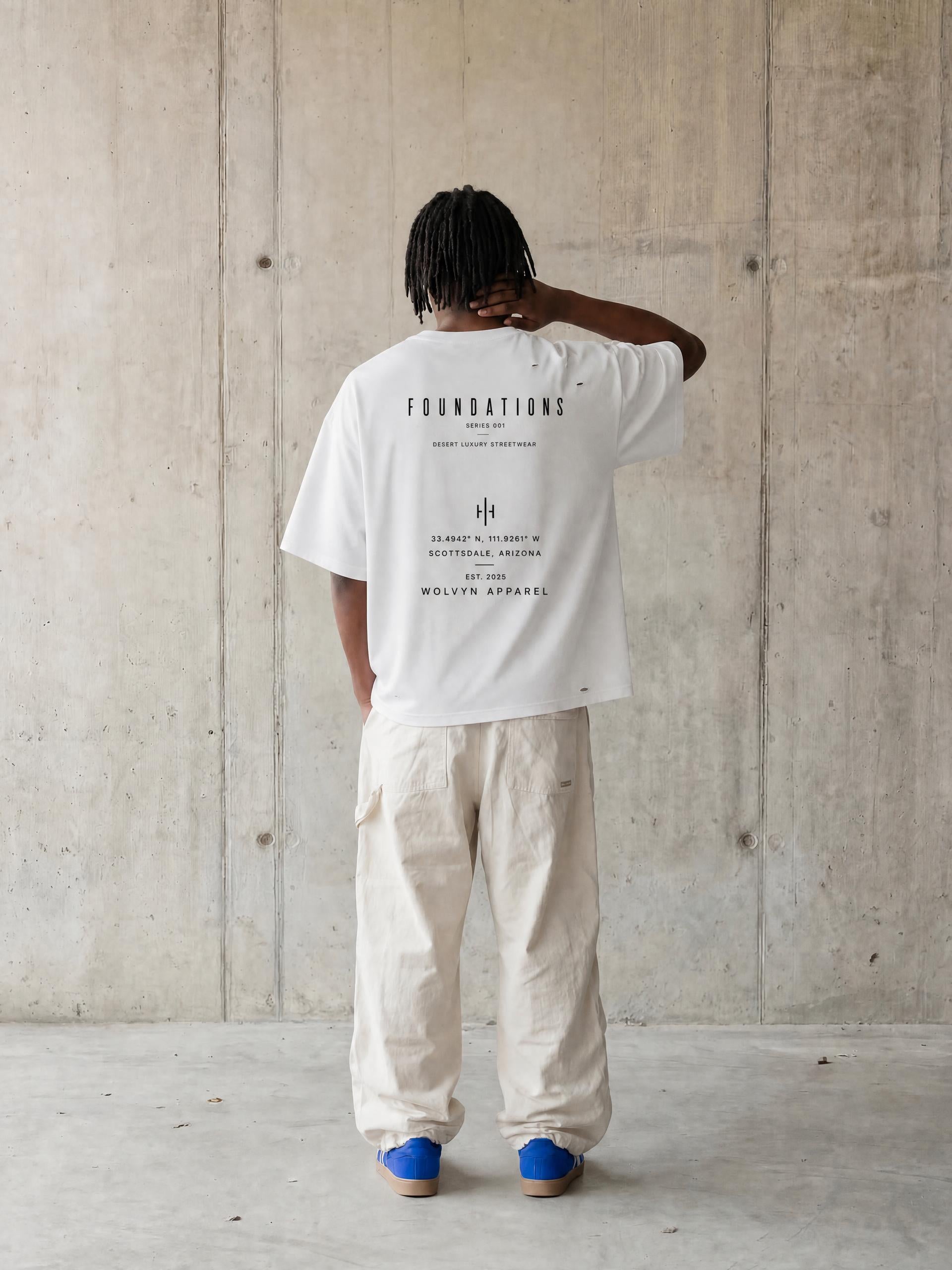 Wolvyn Apparel ‘Foundations Stone’ (Black Text) Vintage Washed Distressed Boxy Oversized T-Shirt