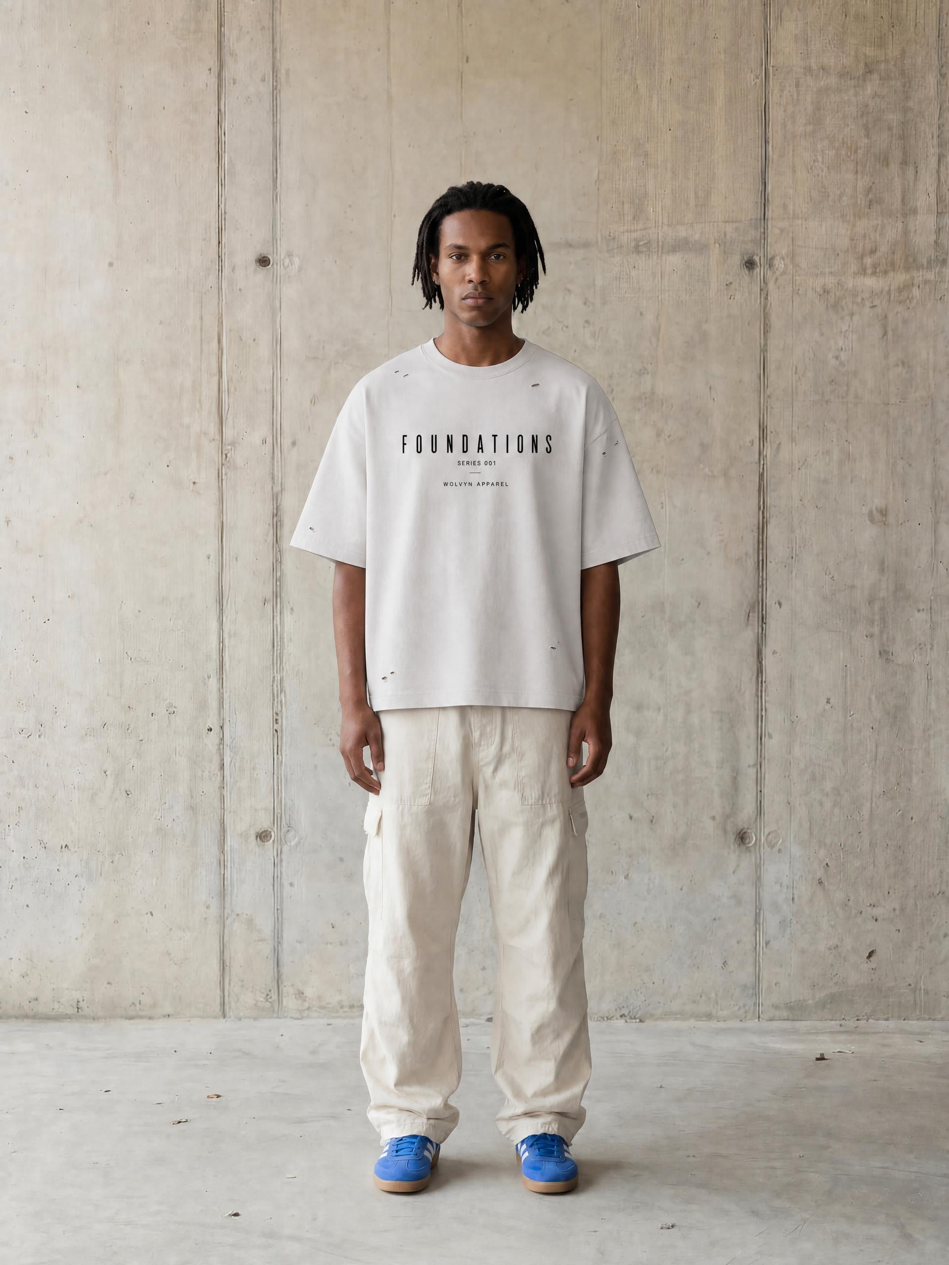 Wolvyn Apparel ‘Foundations Stone’ (Black Text) Vintage Washed Distressed Boxy Oversized T-Shirt