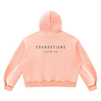 Hoodie in peach Foundations Layer 02 fleece, boxy unisex silhouette, back view.