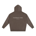 Hoodie, oversized fleeced taupe, back view with FOUNDATIONS SERIES 002 logo, Wolvyn Apparel.