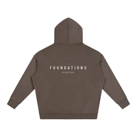 Hoodie, oversized fleeced taupe, back view with FOUNDATIONS SERIES 002 logo, Wolvyn Apparel.