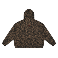 Unisex Leopard Full Zip Hoodie by ODMPOD, brown/black leopard print, back view with small red logo.