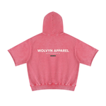 Hoodie Wolvyn Apparel, pink mineral-wash; back view with large white logo text