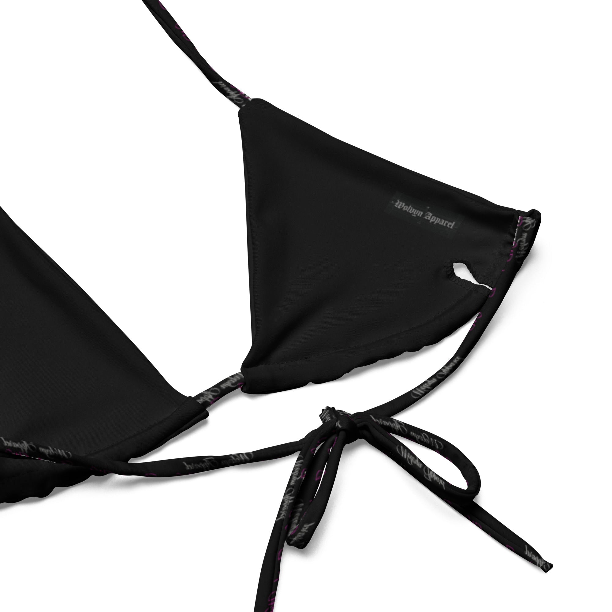 Black recycled string bikini top with tie straps and subtle logo detail