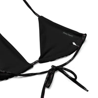 Black recycled string bikini top with tie straps and subtle logo detail
