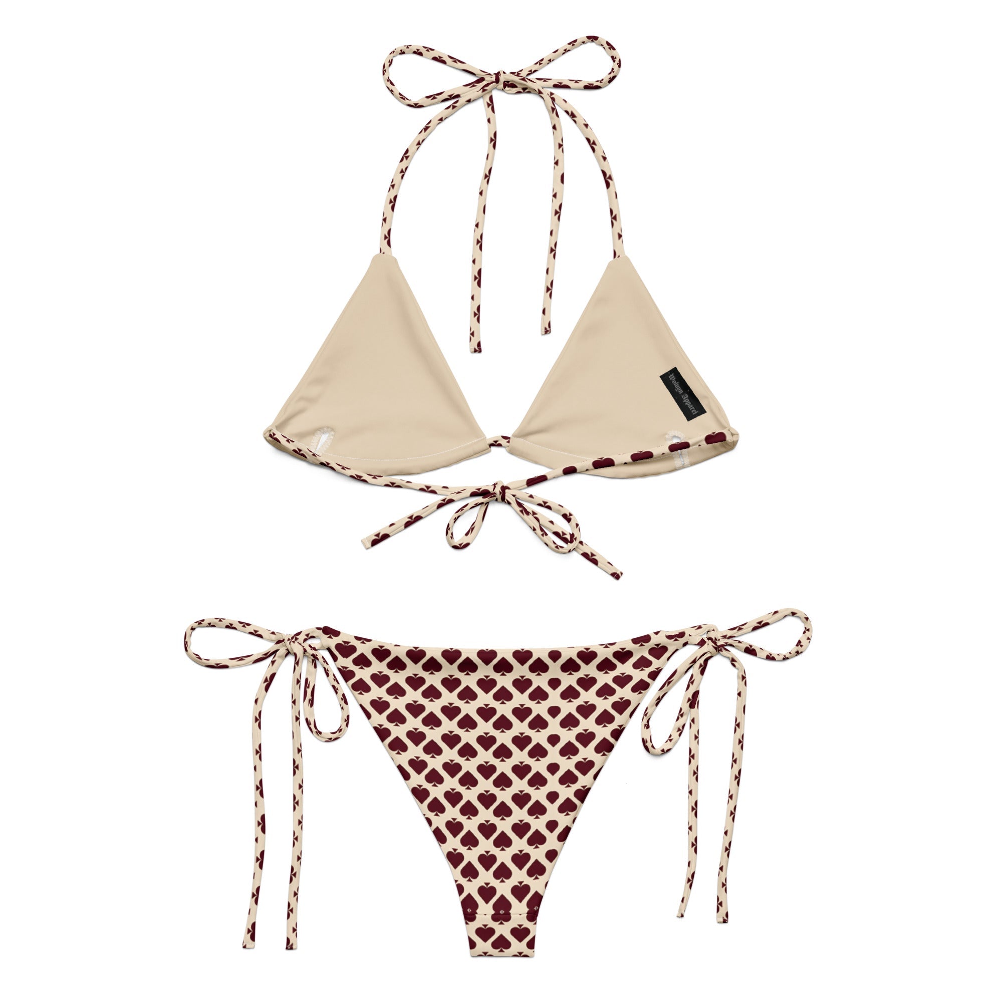 Beige and maroon heart print string bikini set with adjustable ties, flat lay on white background.