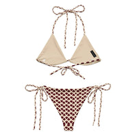 Beige and maroon heart print string bikini set with adjustable ties, flat lay on white background.