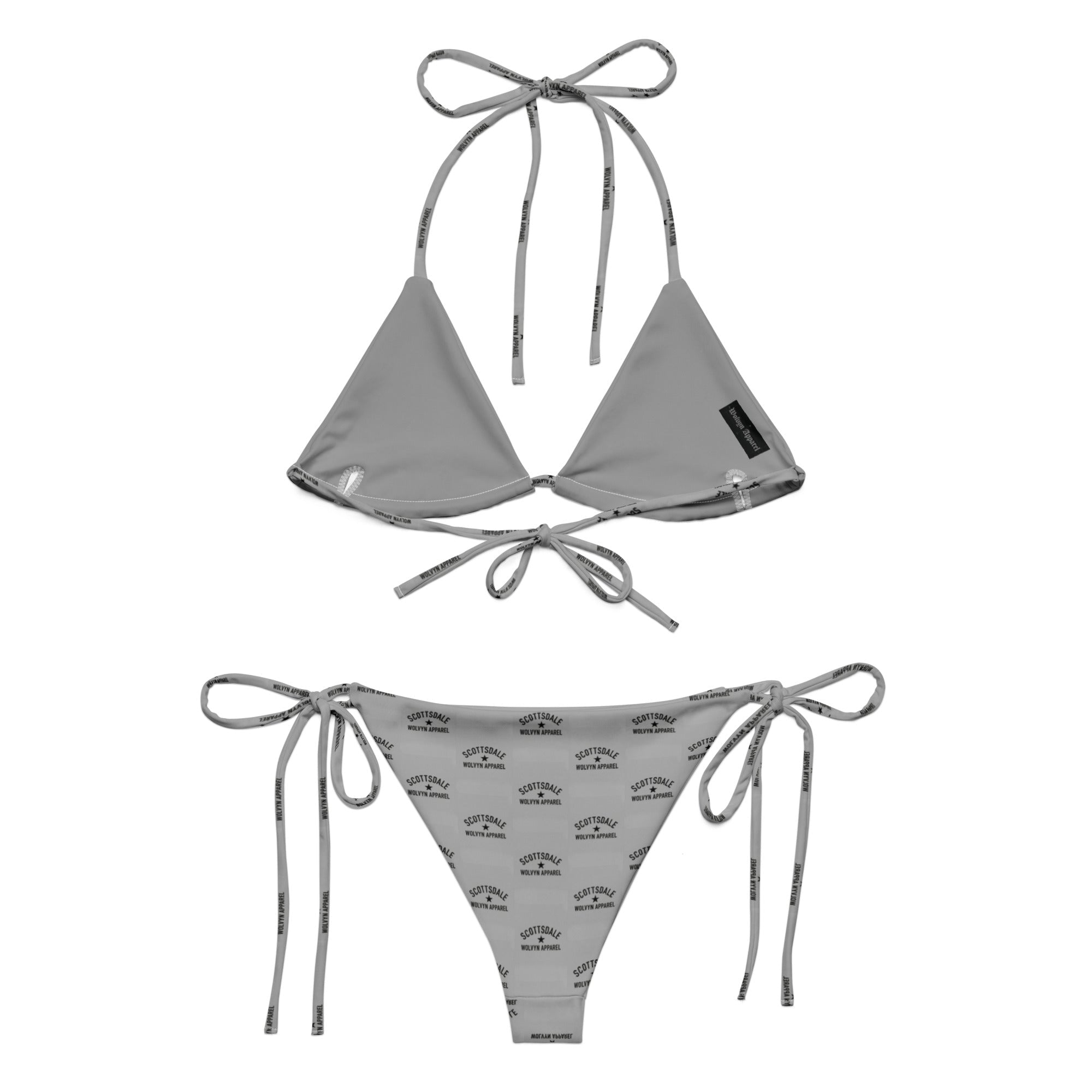 Gray recycled string bikini set with tie straps and repeating Scottsdale Wealth Summit text print.
