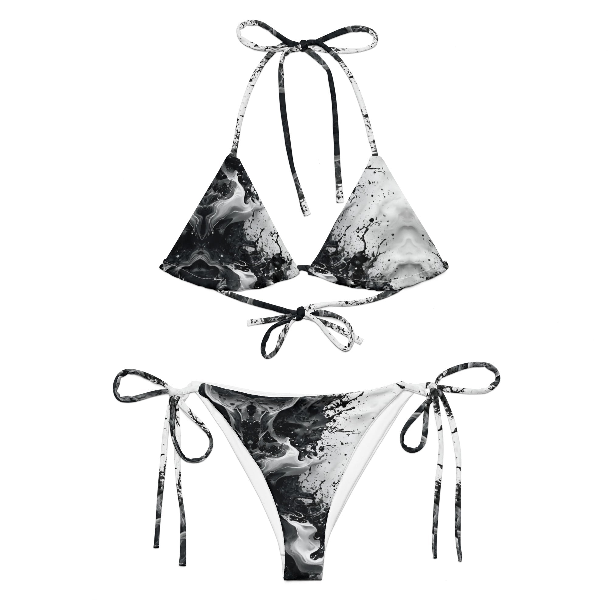 Black and white marble print string bikini set with tie-up straps on white background