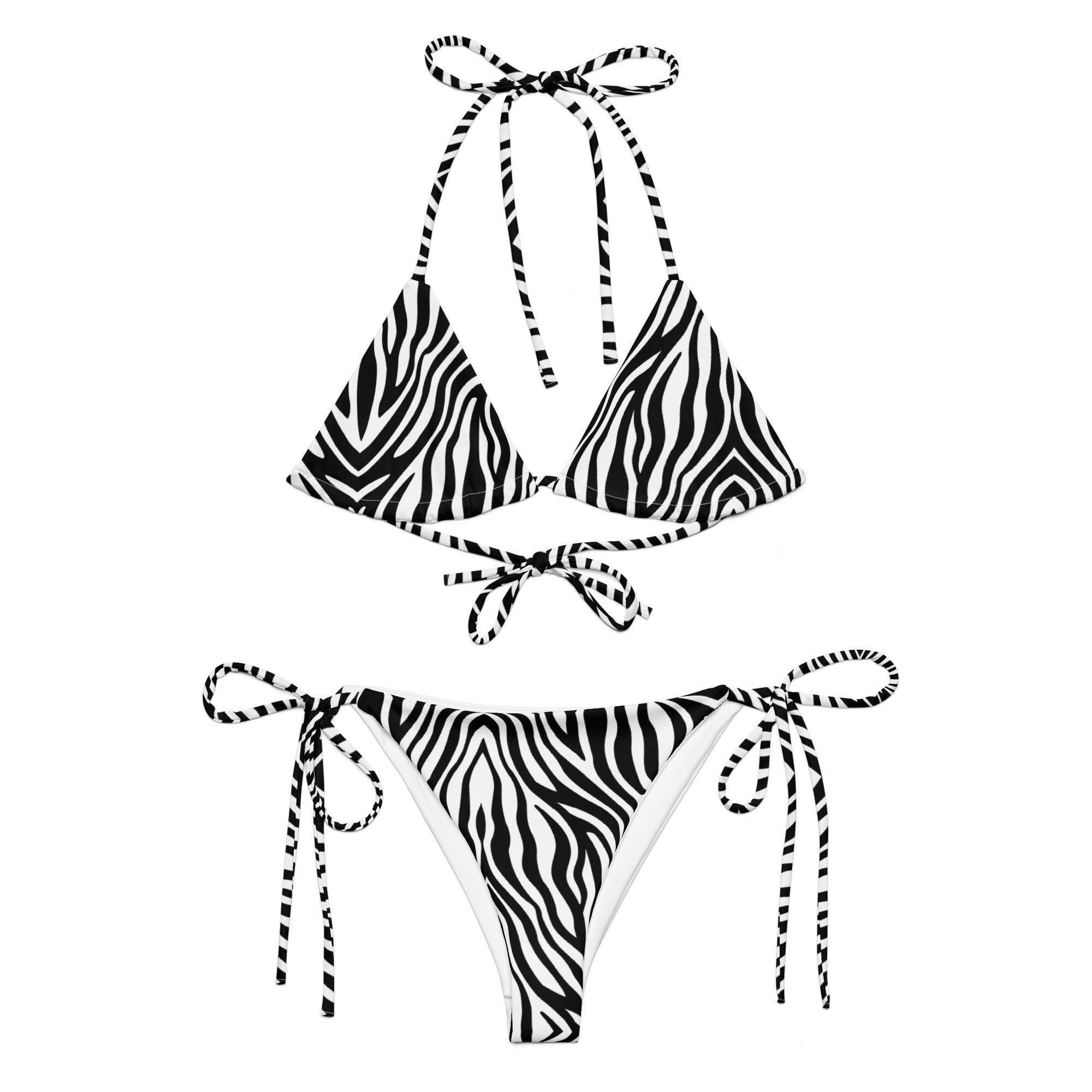 Black and white zebra print string bikini set with tie-up straps on white background