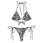 Black and white zebra print string bikini set with tie-up straps on white background