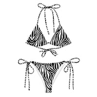 Black and white zebra print string bikini set with tie-up straps on white background