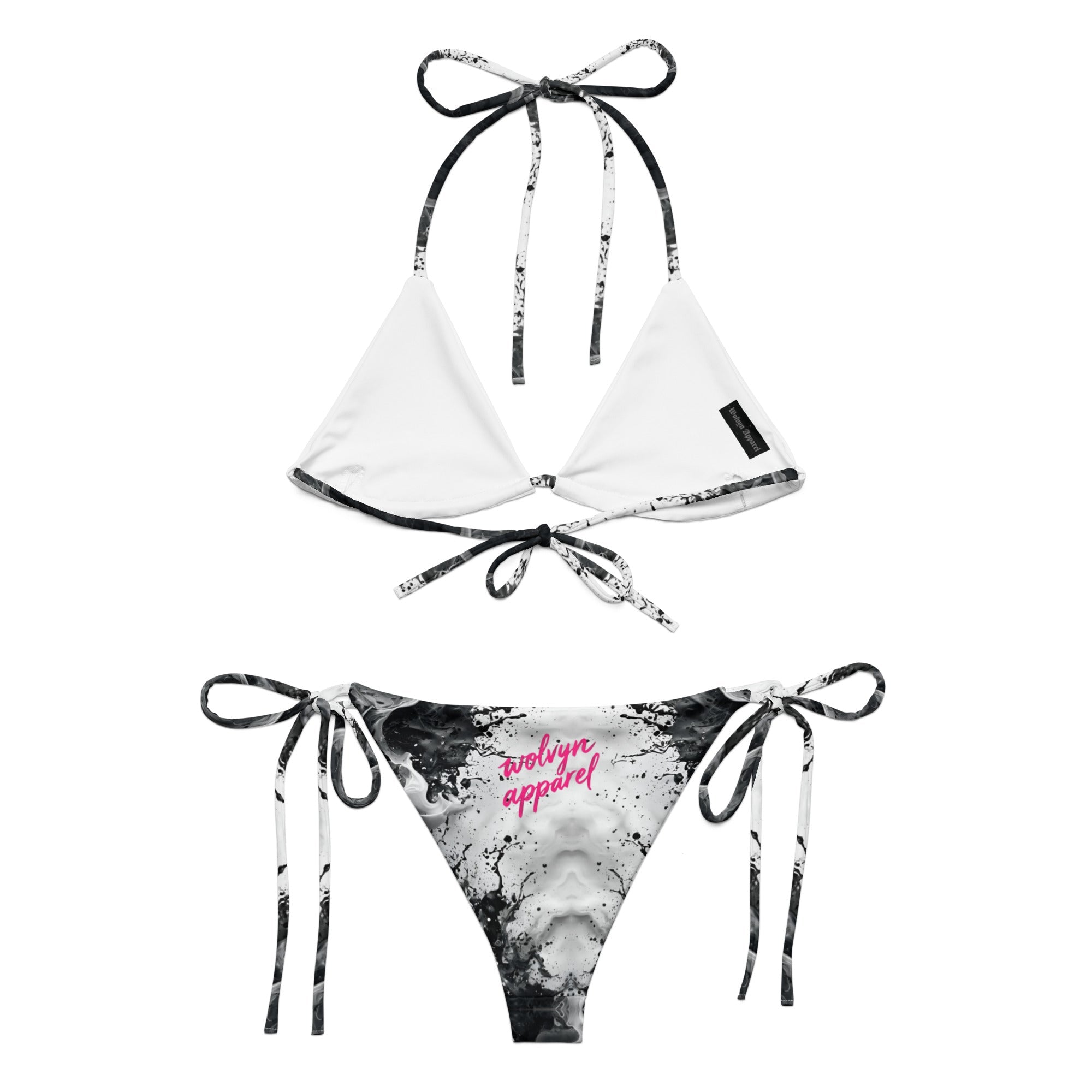 White and black marble print string bikini set with adjustable ties and pink script text on bottoms.