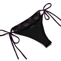 Black recycled string bikini bottom with purple and white logo print and side ties