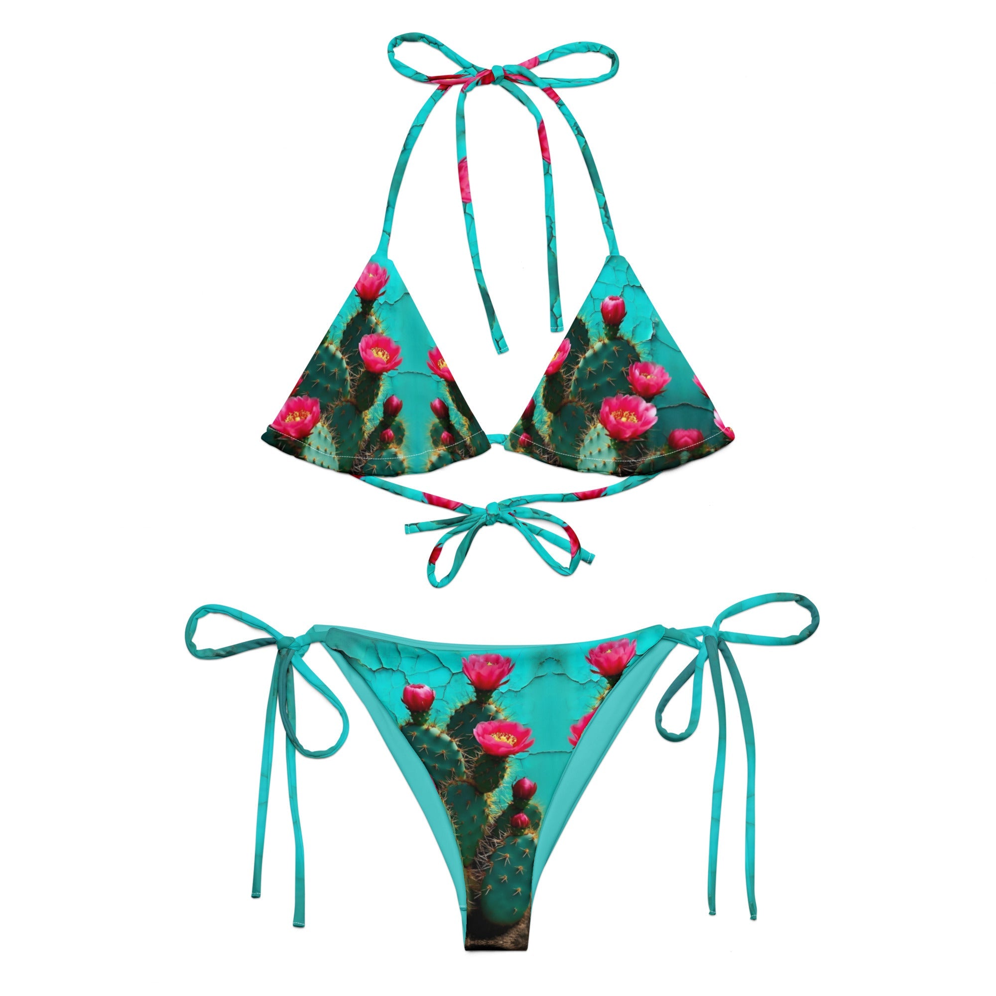 Teal string bikini with pink cactus flower all-over print, eco-friendly swimwear set