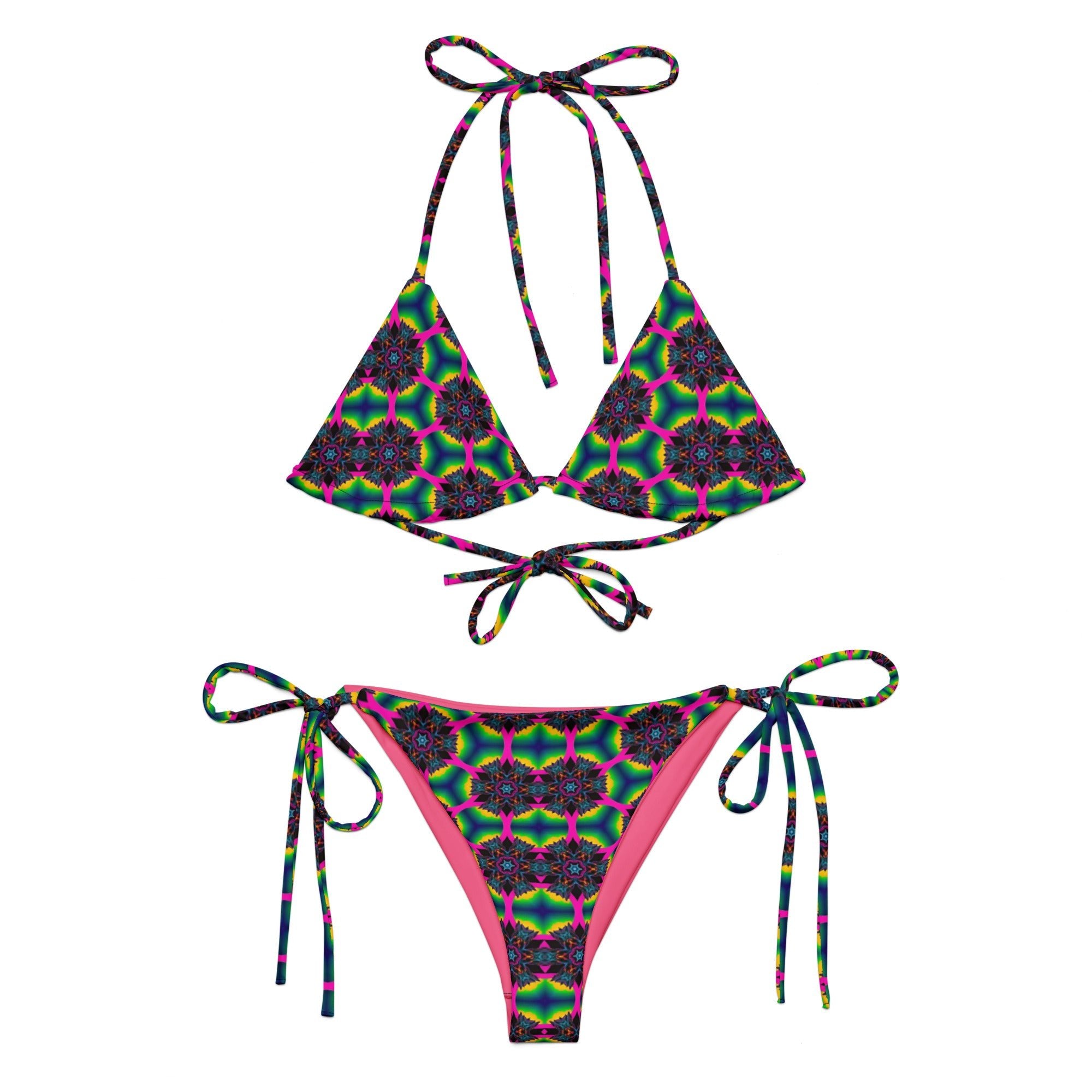 Colorful geometric print string bikini set with pink lining, displayed on white background