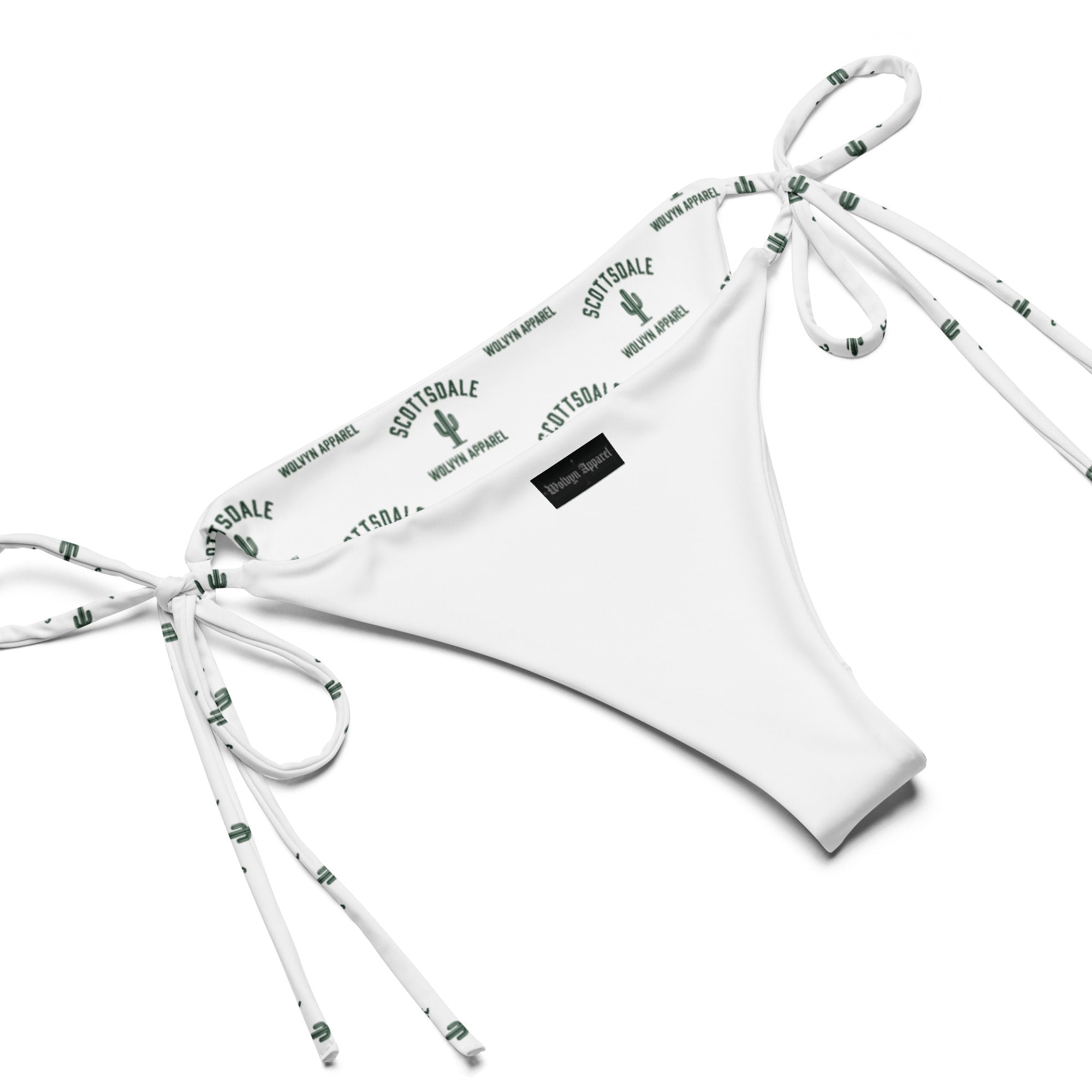 White string bikini bottom with Scottsdale and cactus print, adjustable side ties
