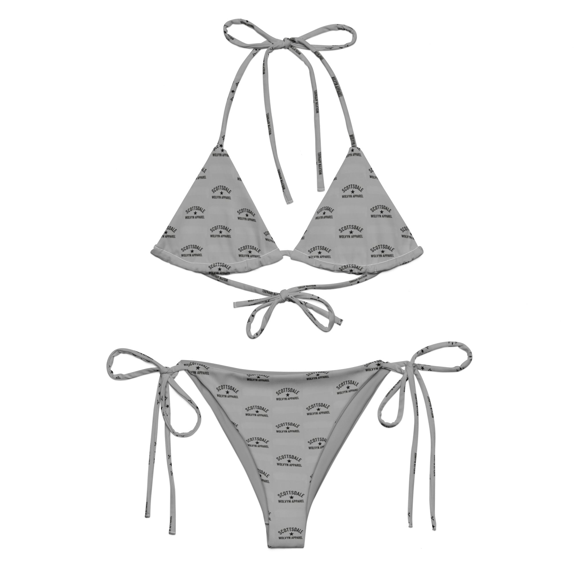 All-over print recycled string bikini set with adjustable ties, flat lay on white background