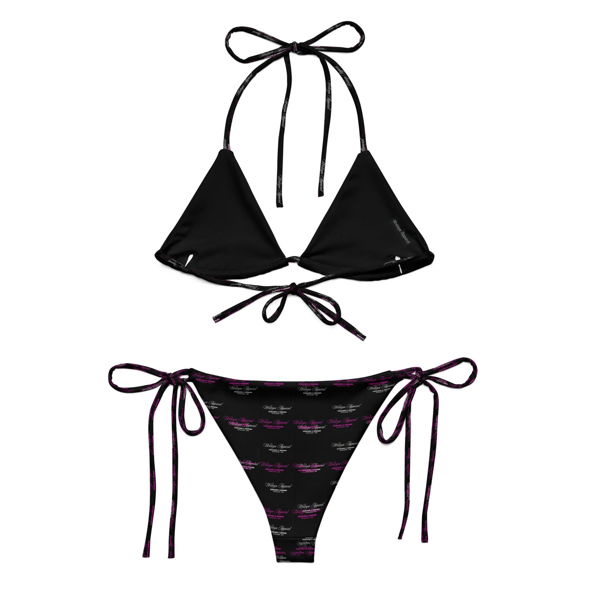 Black string bikini set with tie sides, logo print bottoms, and triangle top on white background