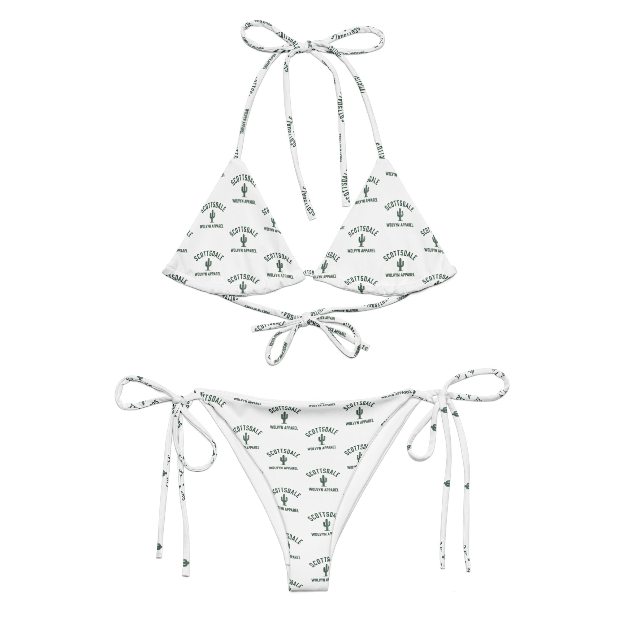 White string bikini set with Scottsdale cactus print and adjustable ties, laid flat on white background