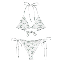 White string bikini set with Scottsdale cactus print and adjustable ties, laid flat on white background