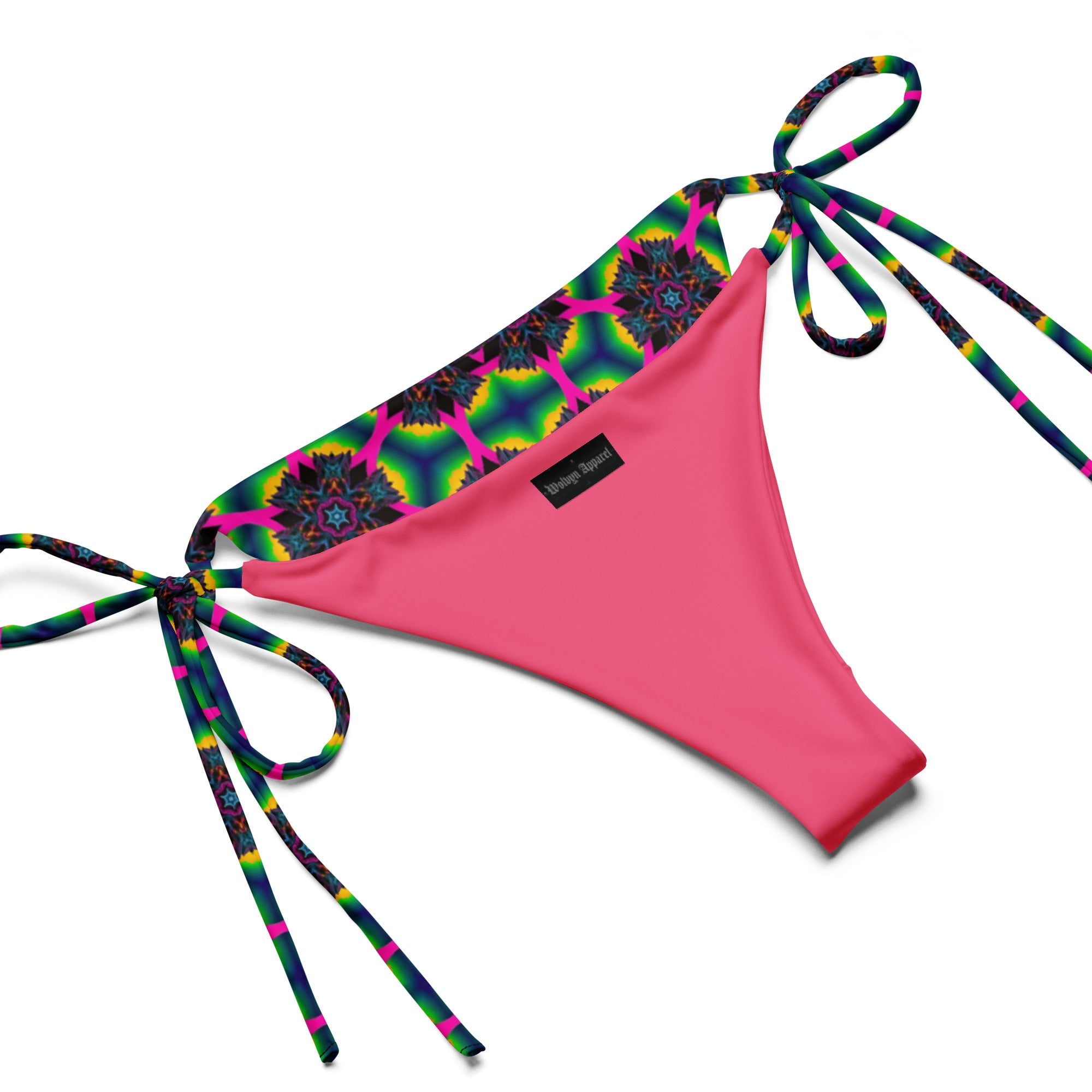 Pink string bikini bottom with colorful kaleidoscope pattern and adjustable side ties