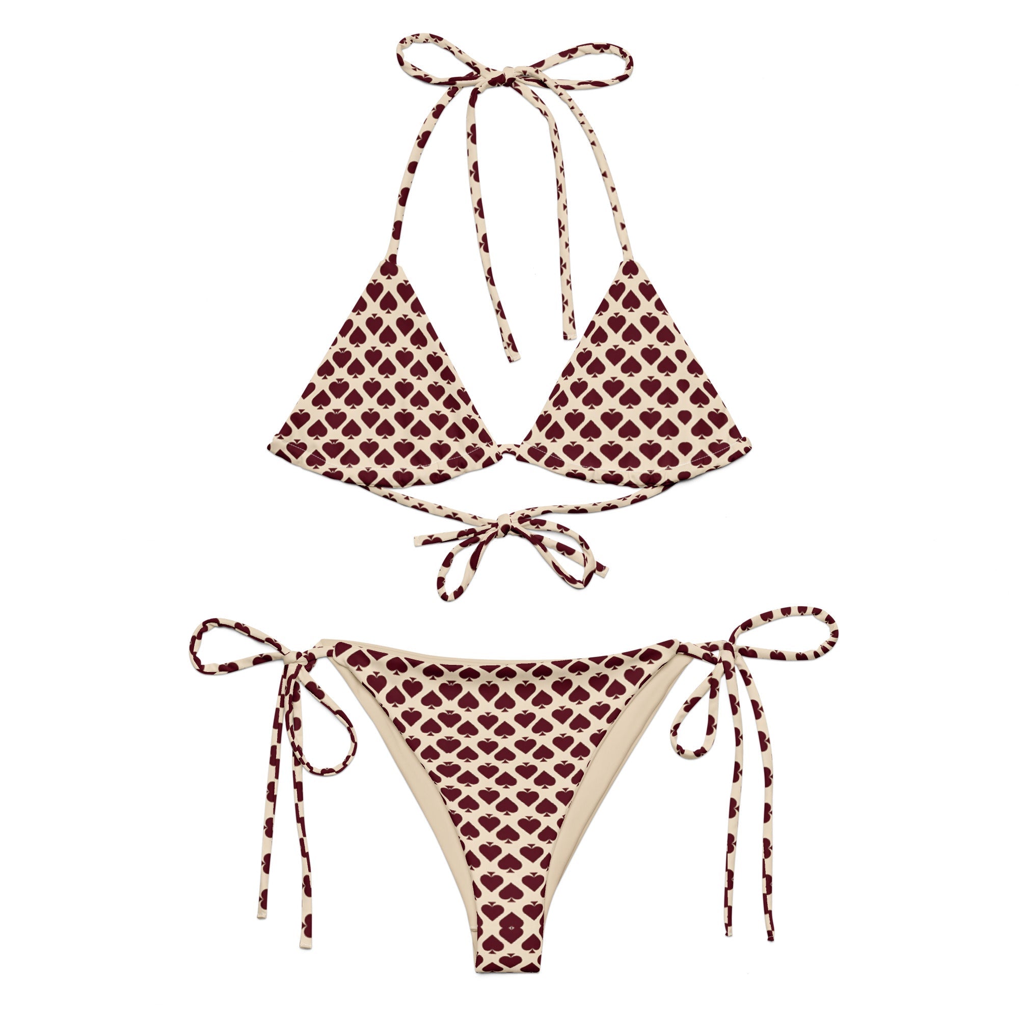 Beige string bikini set with maroon heart print, tie straps, eco-friendly swimwear.
