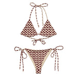 Beige string bikini set with maroon heart print, tie straps, eco-friendly swimwear.