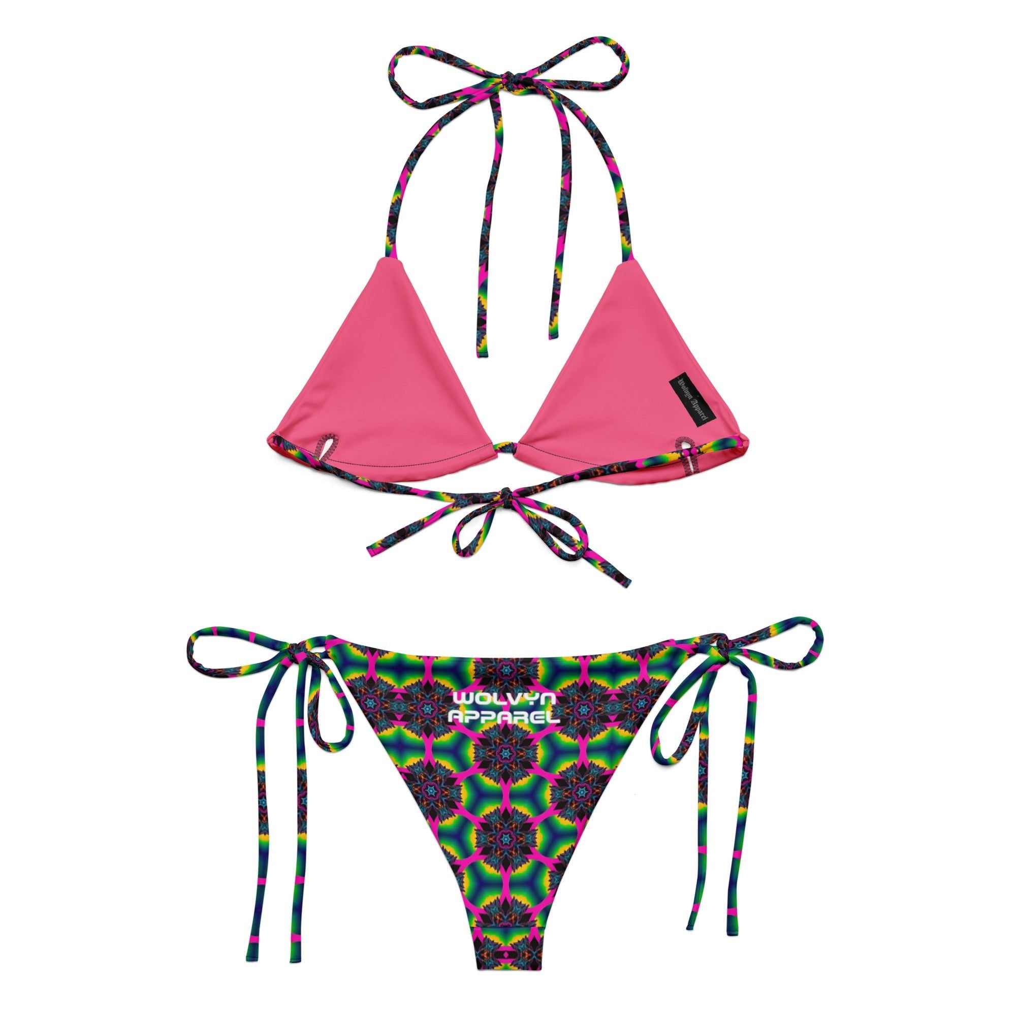 Pink bikini set with tie straps and multicolor geometric print bottoms, Wolvyn Apparel logo on back.