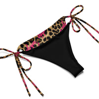 Black bikini bottom with leopard print trim and pink script, side tie recycled string design
