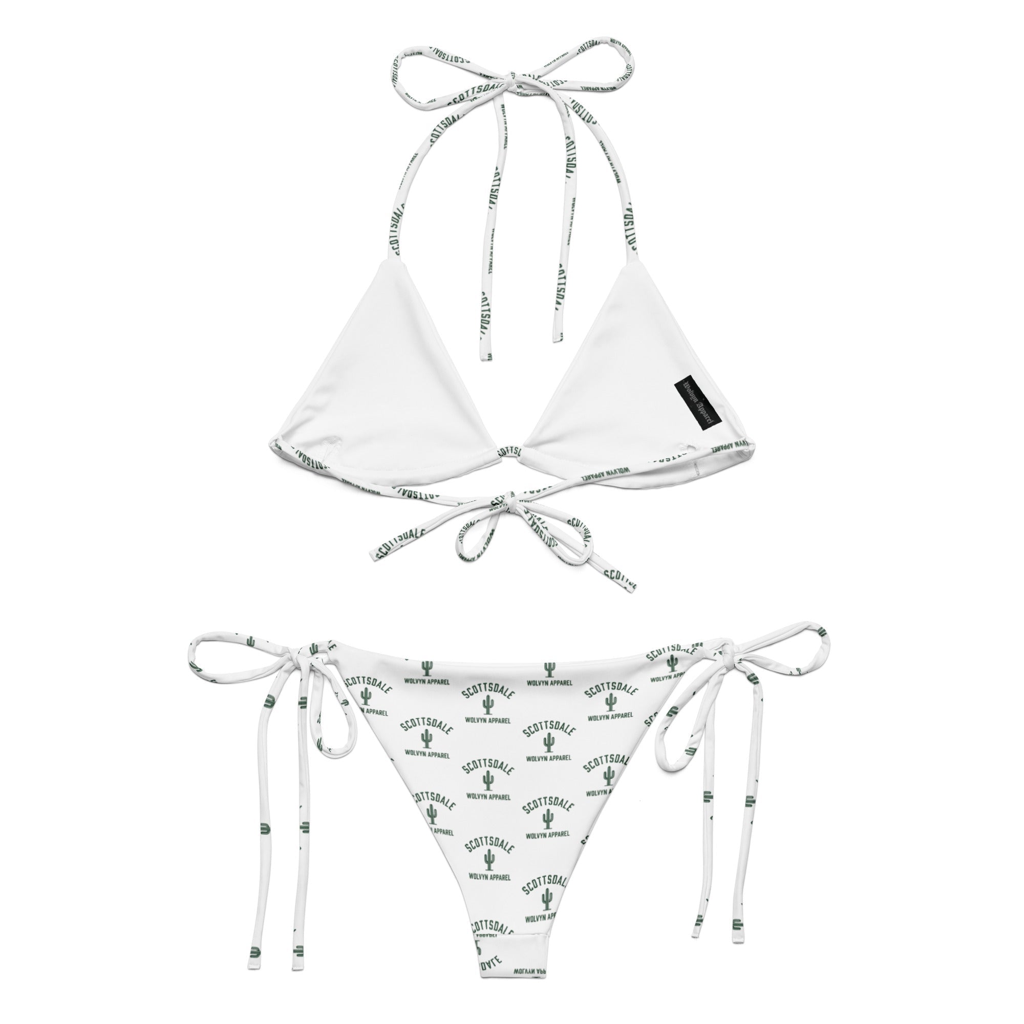 White recycled string bikini set with Scottsdale cactus print and adjustable ties