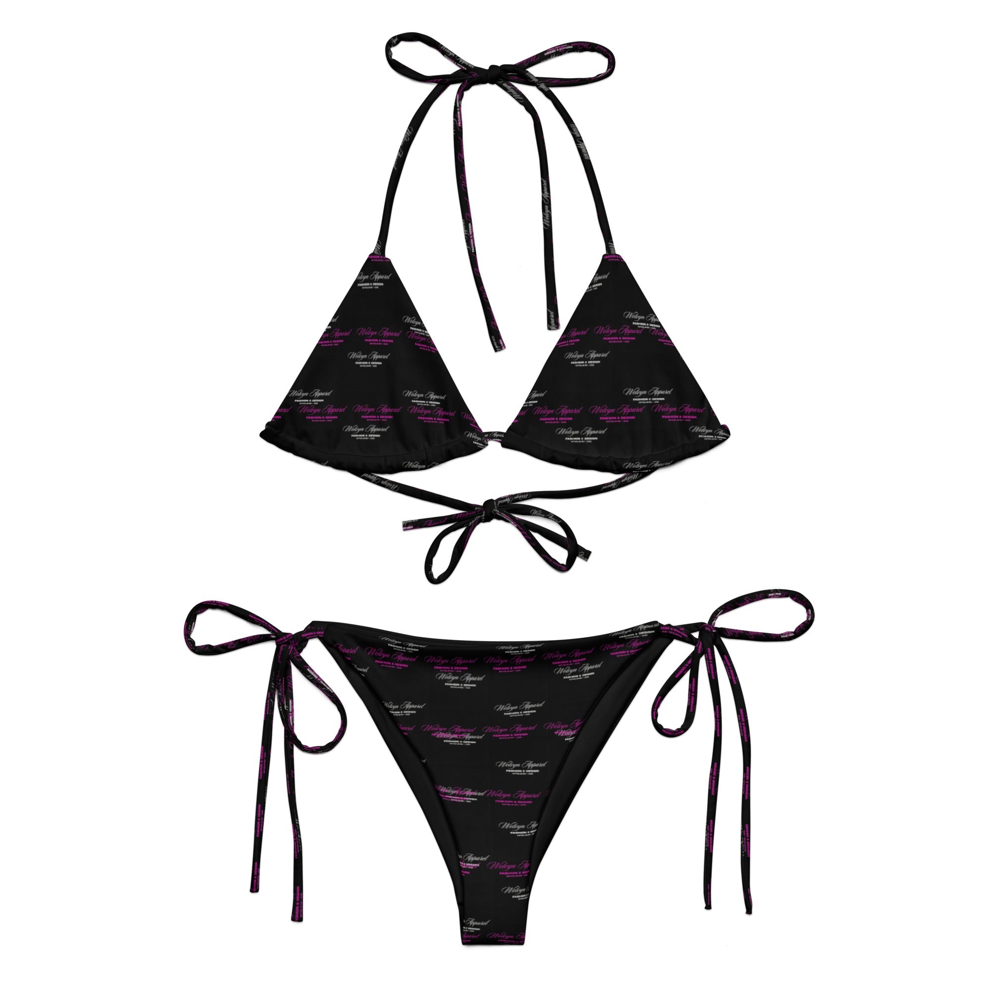 Black recycled string bikini set with purple and white all-over print and tie details.