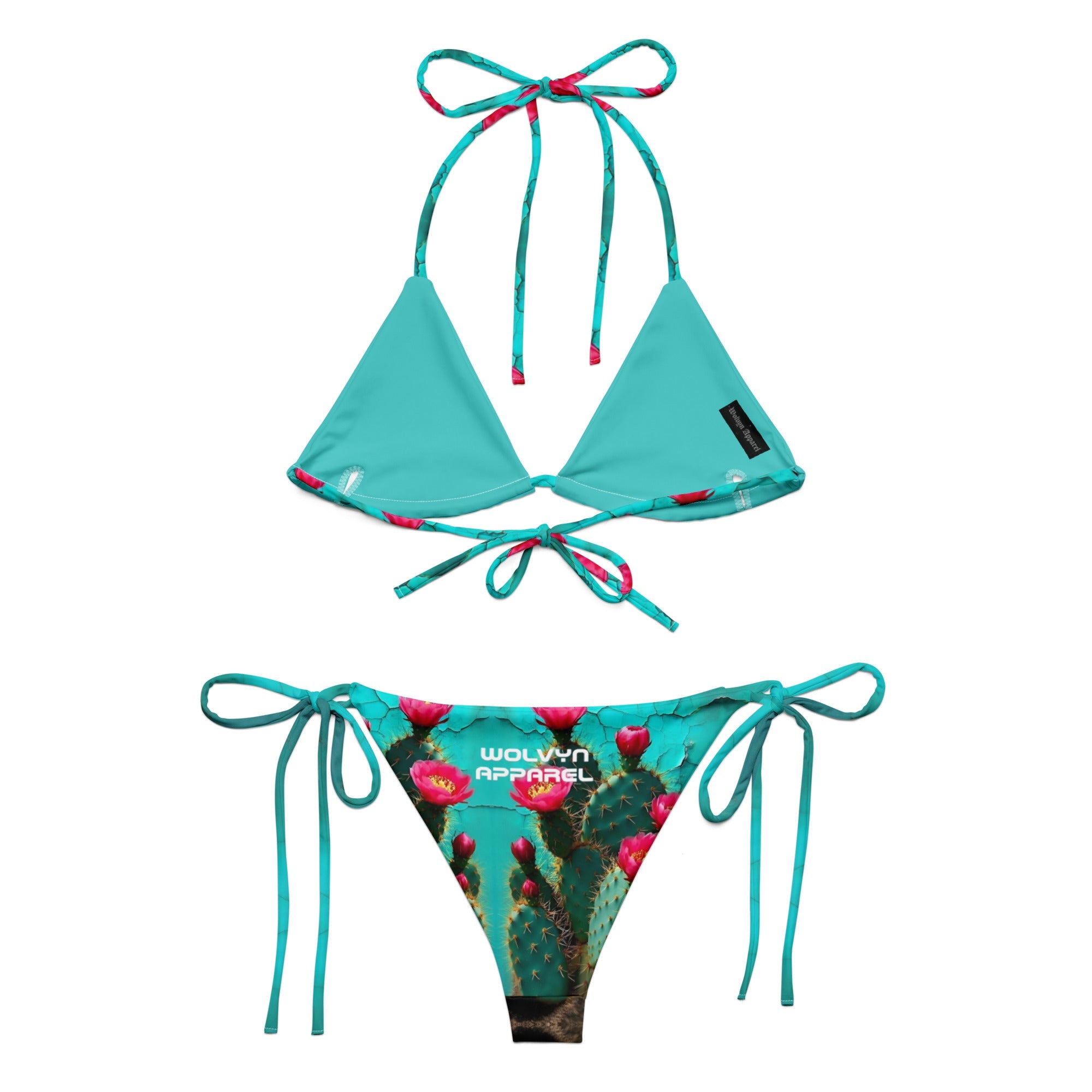 Turquoise string bikini set with cactus and pink flower print, tie-up design, all-over print