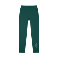 Standard Issue high-waisted yoga leggings in dark green with white print on lower leg by Wolvyn Apparel