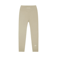Leggings - Wolvyn Apparel Standard Issue high-waisted yoga, beige, back view with curved yoke seam and small logo.